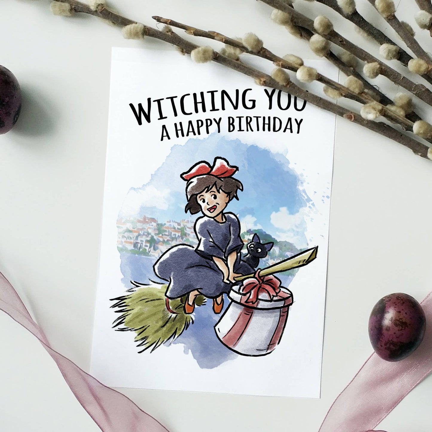 "Witching You" Young Witch Broom Anime Birthday Card