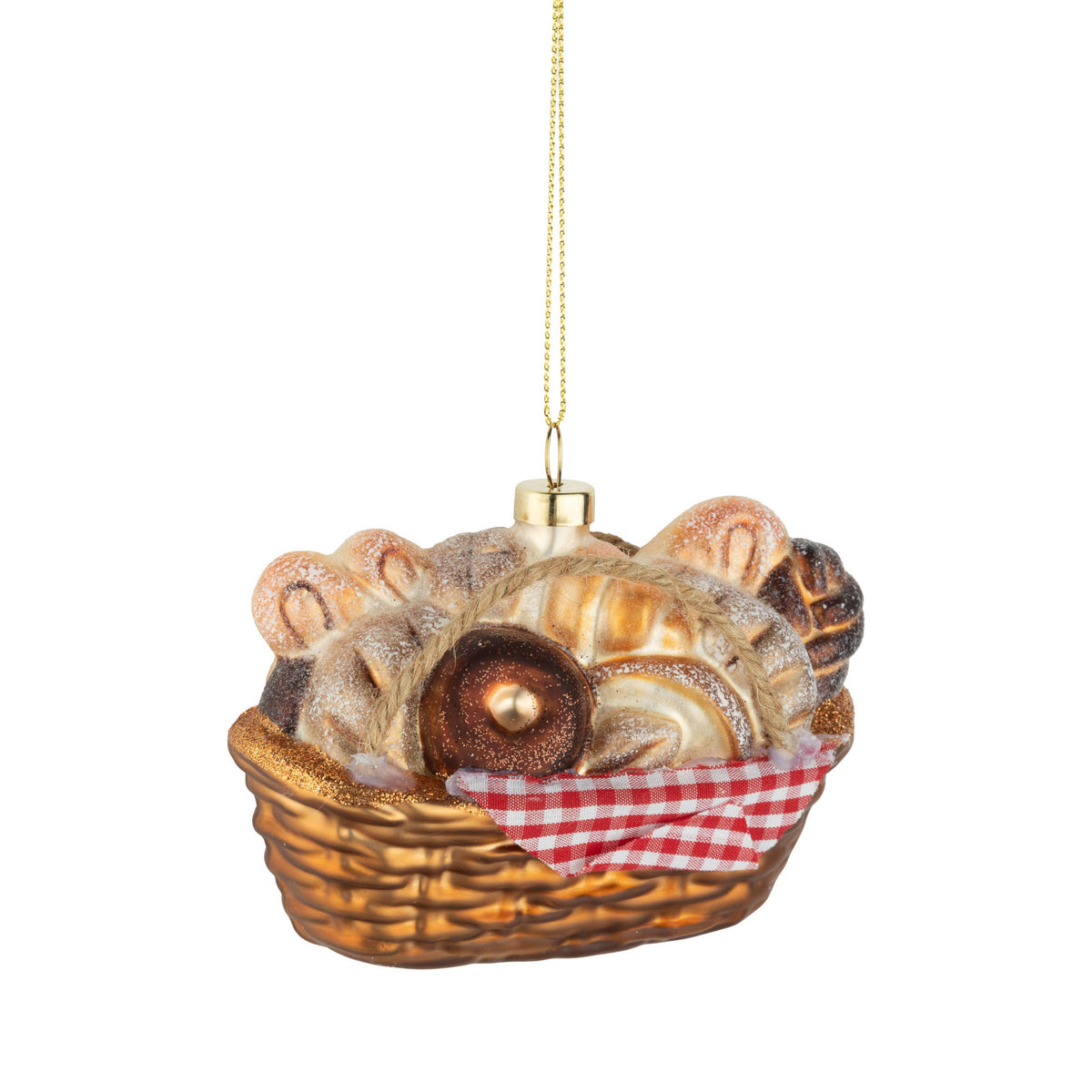 A17703:Glass bread basket orn, with gingham cloth, 3.25in