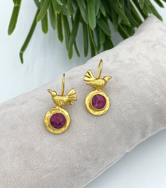 Gold plated bird earring with ruby