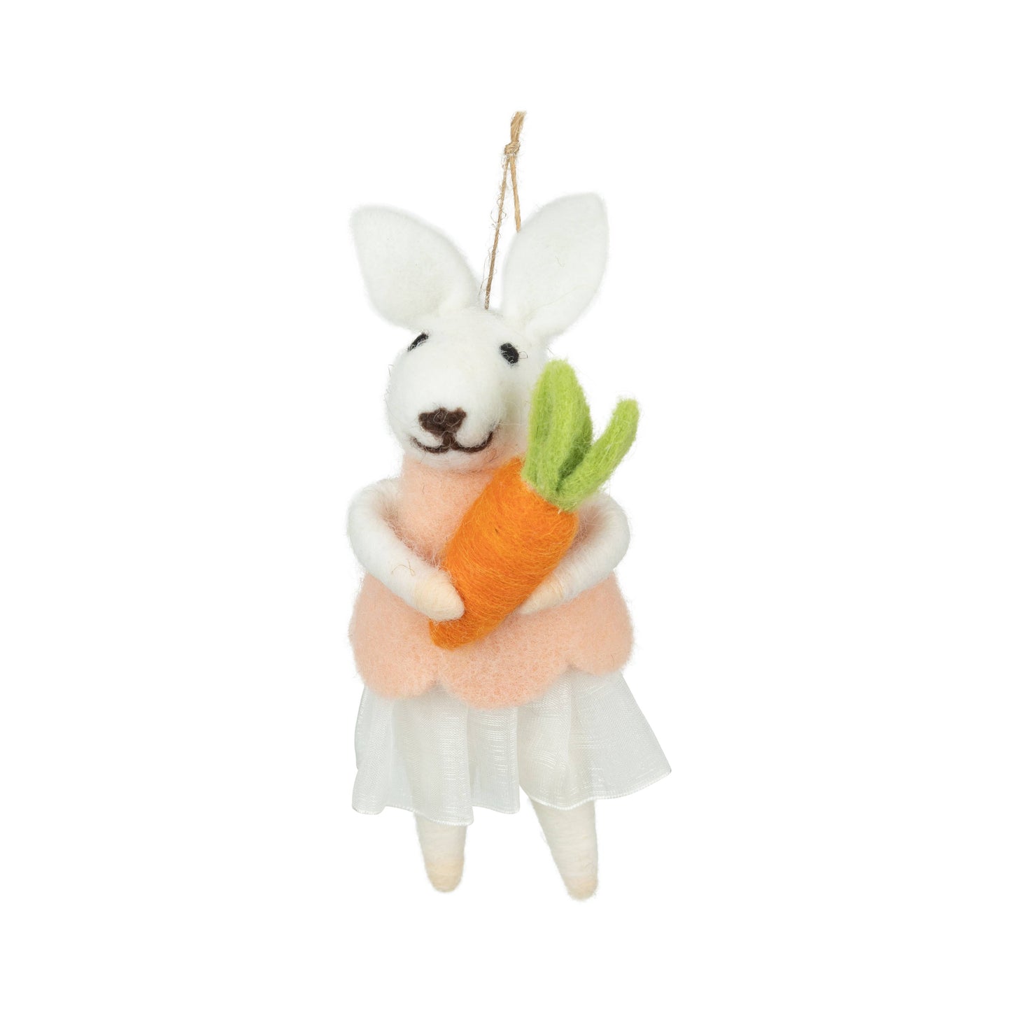 A13693: White felt bunny orn, holding carrot, 6 in