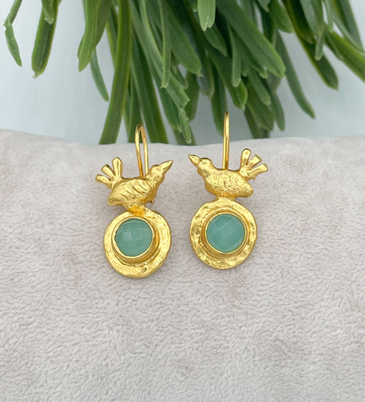 Gold plated bird earring with aqua chalcedony