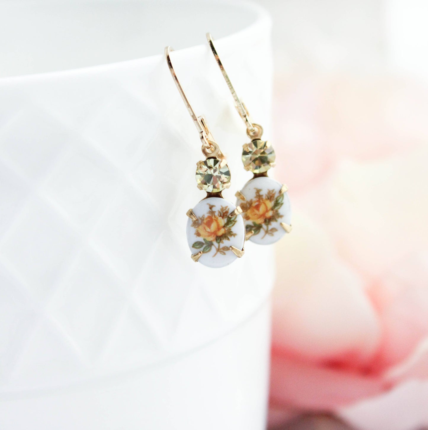 Small Oval Cameo Earrings - Vintage Glass - Yellow Rose