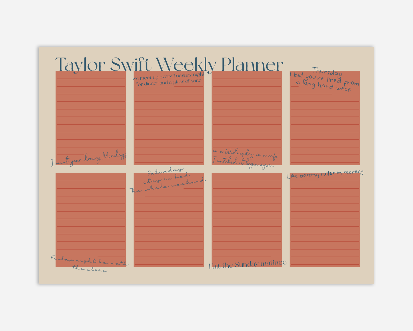 Taylor Swift Weekly Planner A4 Notepad - Lyrical