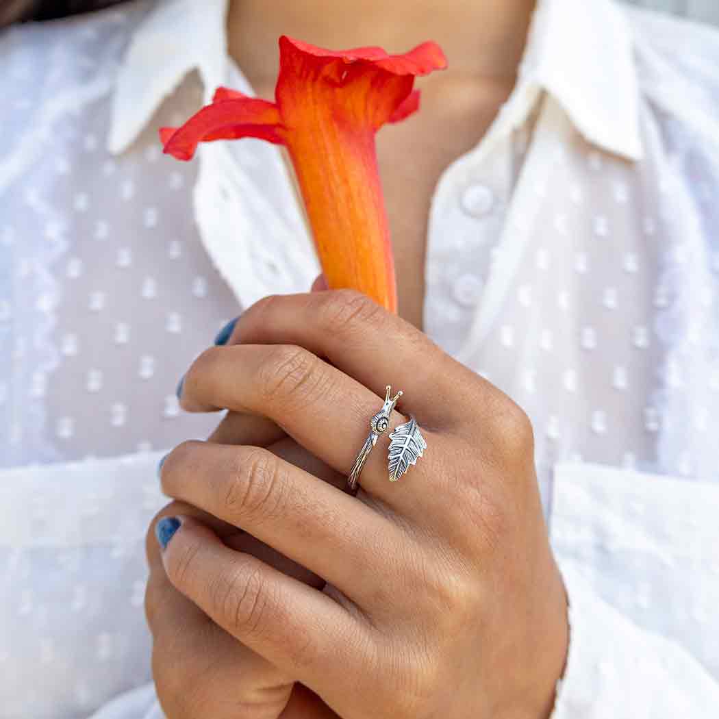 Sterling Silver or Bronze Adjustable Snail and Leaf Ring