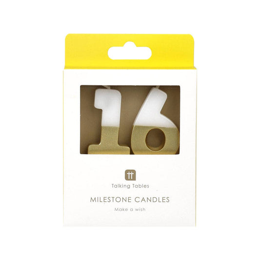 White & Gold Number Candle - 16 | Milestone Birthday |