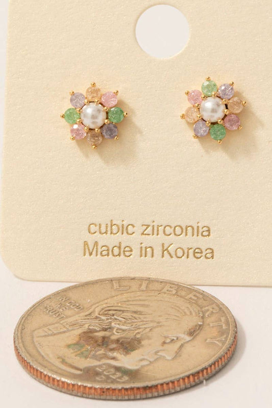 Gold Dipped Cz And Pearl Flower Stud Earrings