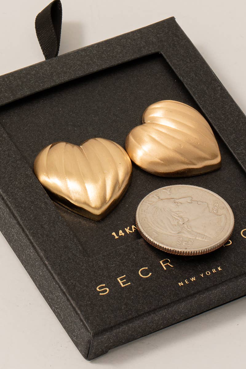 Secret Box Brushed Gold Dipped Heart Shield Stud Earrings