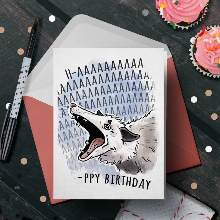Happy Screaming Possum Funny Meme Birthday Card for Friend