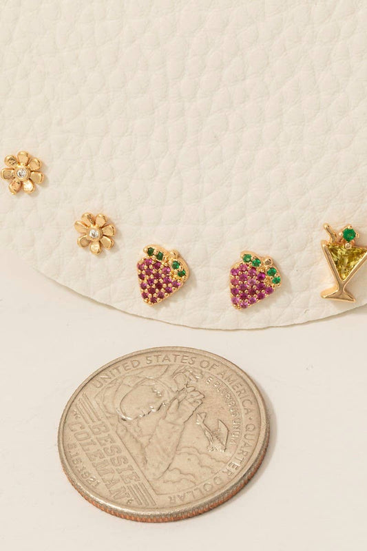 5Pc Cz Pave Fruits Flower And Martini Stud Earrings Set