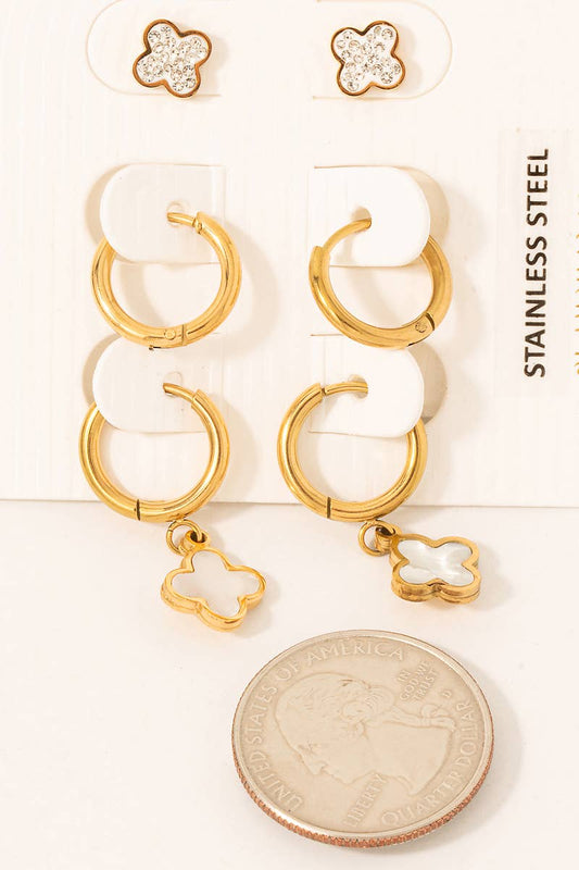 Stainless Steel Clover Charms Hoop Earrings Set