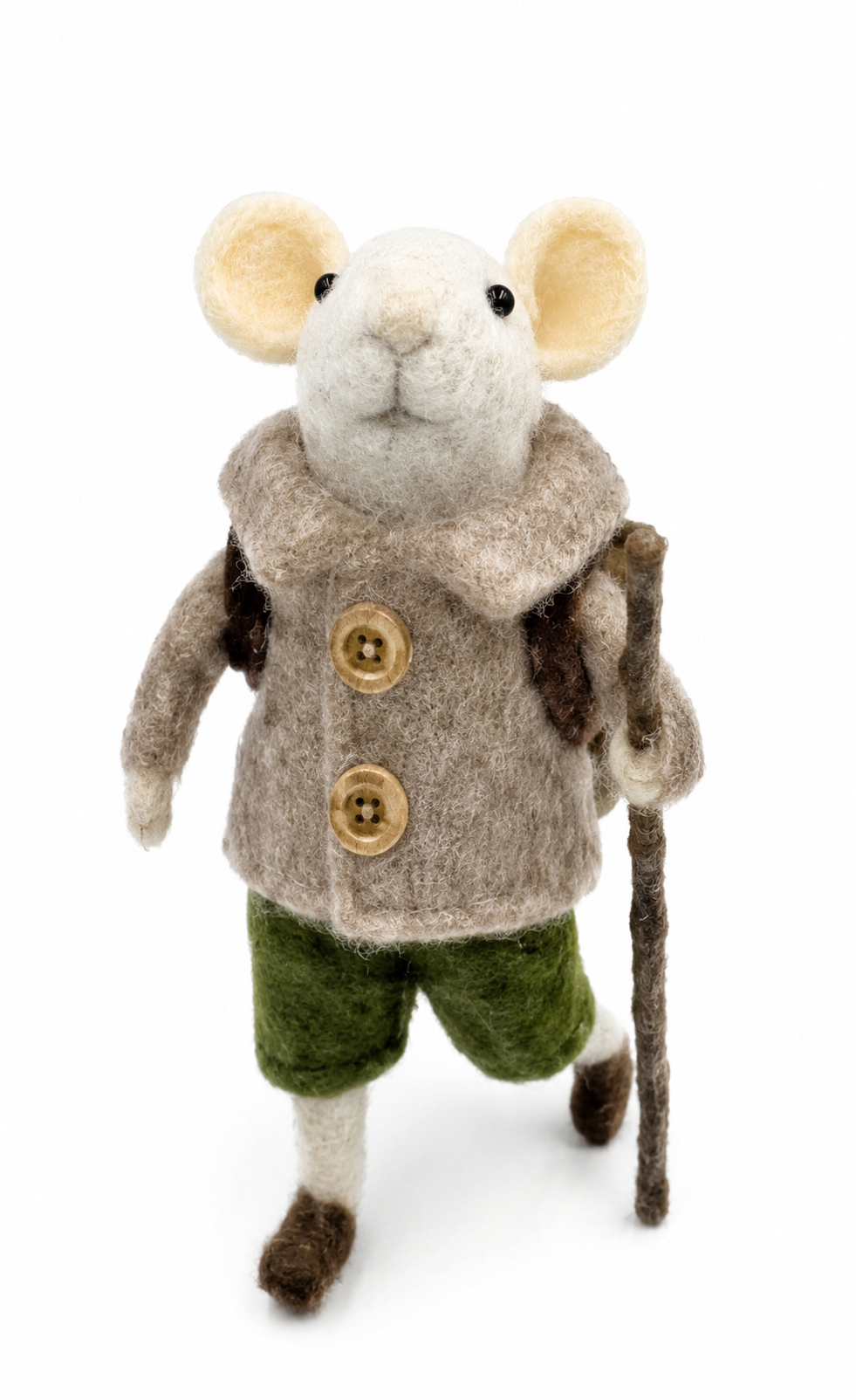 A13707:Felt hiker mouse ornament, green/beige clothes, 4.5in