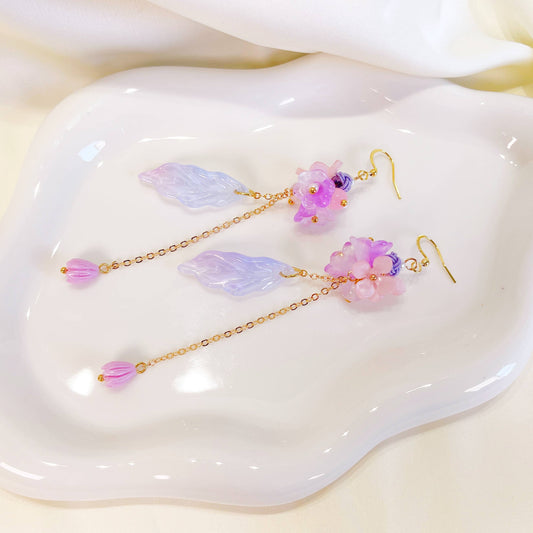 E194 purple flower long dangle drop earrings