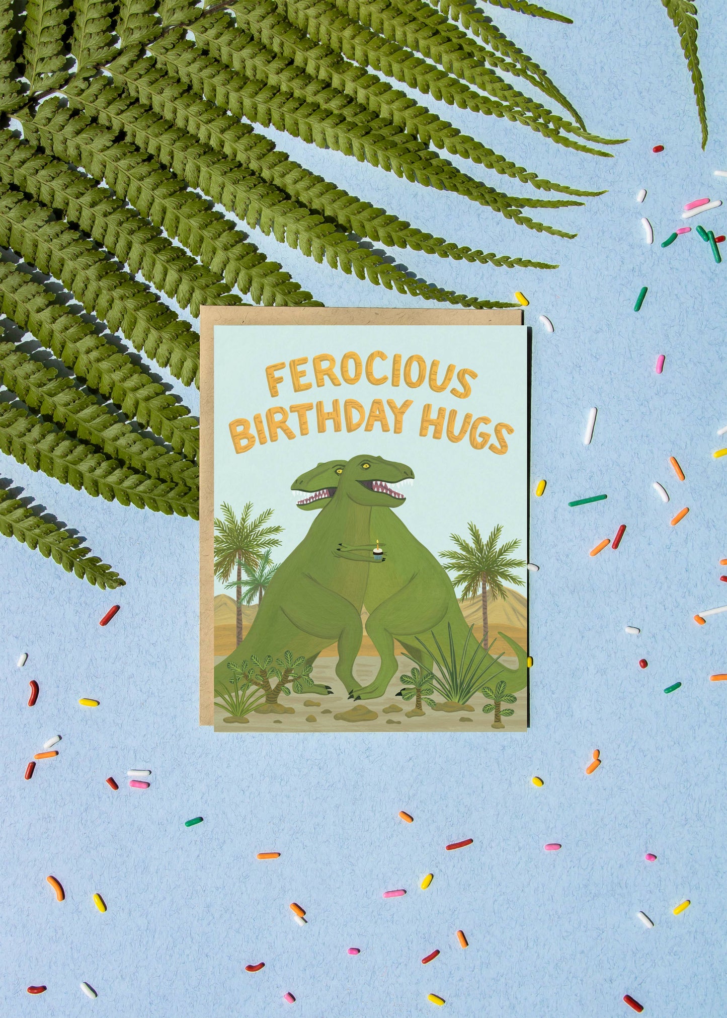T-Rex Dinosaur Ferocious Hug and Cupcake Birthday Card