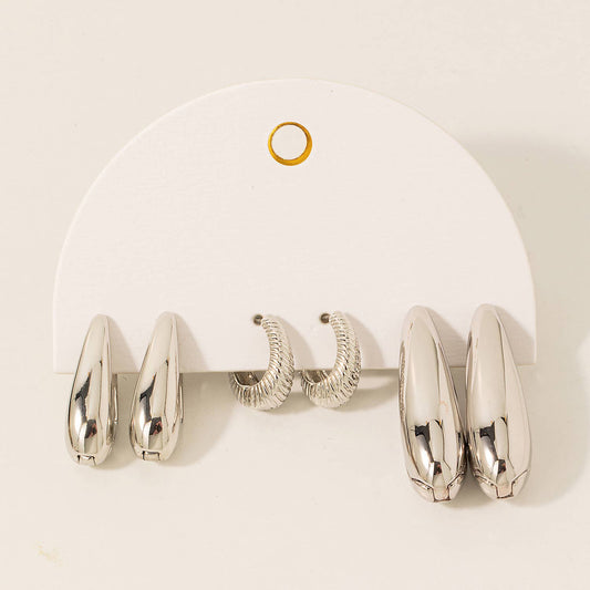 Metallic Long Oval 3Pc Hoop Earrings Set