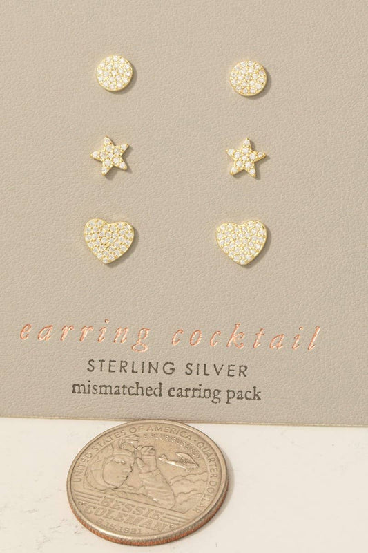 Sterling Silver Cz Pave Star Heart Disc Stud Earrings Set