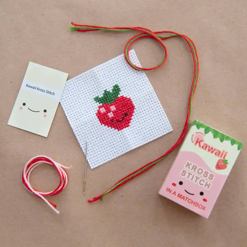 Kawaii Strawberry Mini Cross Stitch Kit in A Matchbox - Front & Company: Gift Store