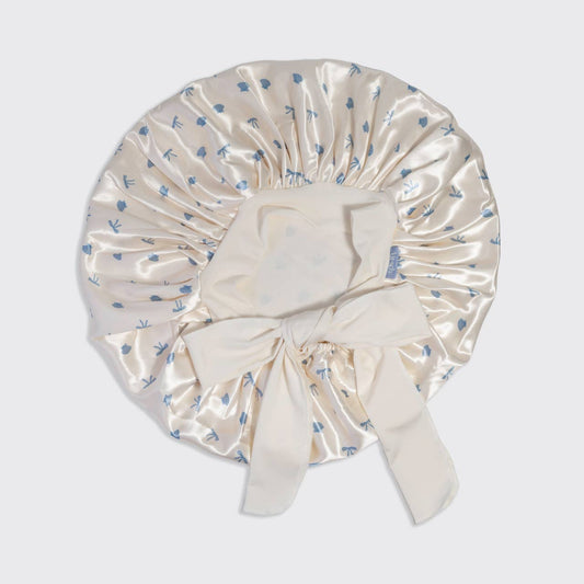 Oversized Satin Bonnet - Pearlized Cream & Coastal Blue Print
