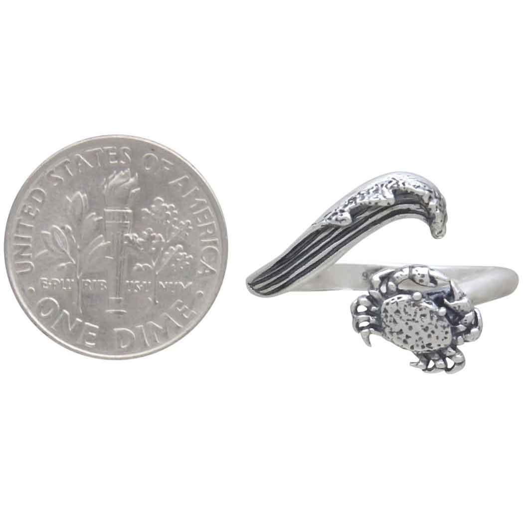 Sterling Silver Adjustable Wave and Crab Ring