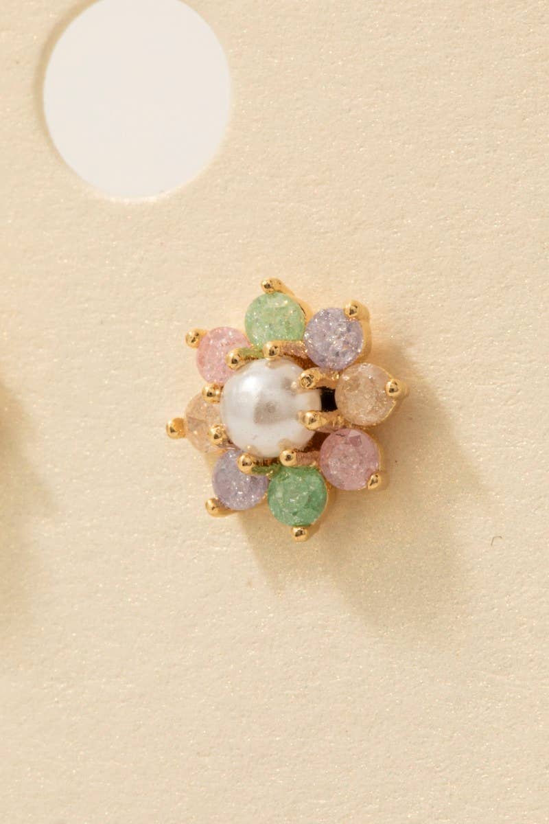 Gold Dipped Cz And Pearl Flower Stud Earrings