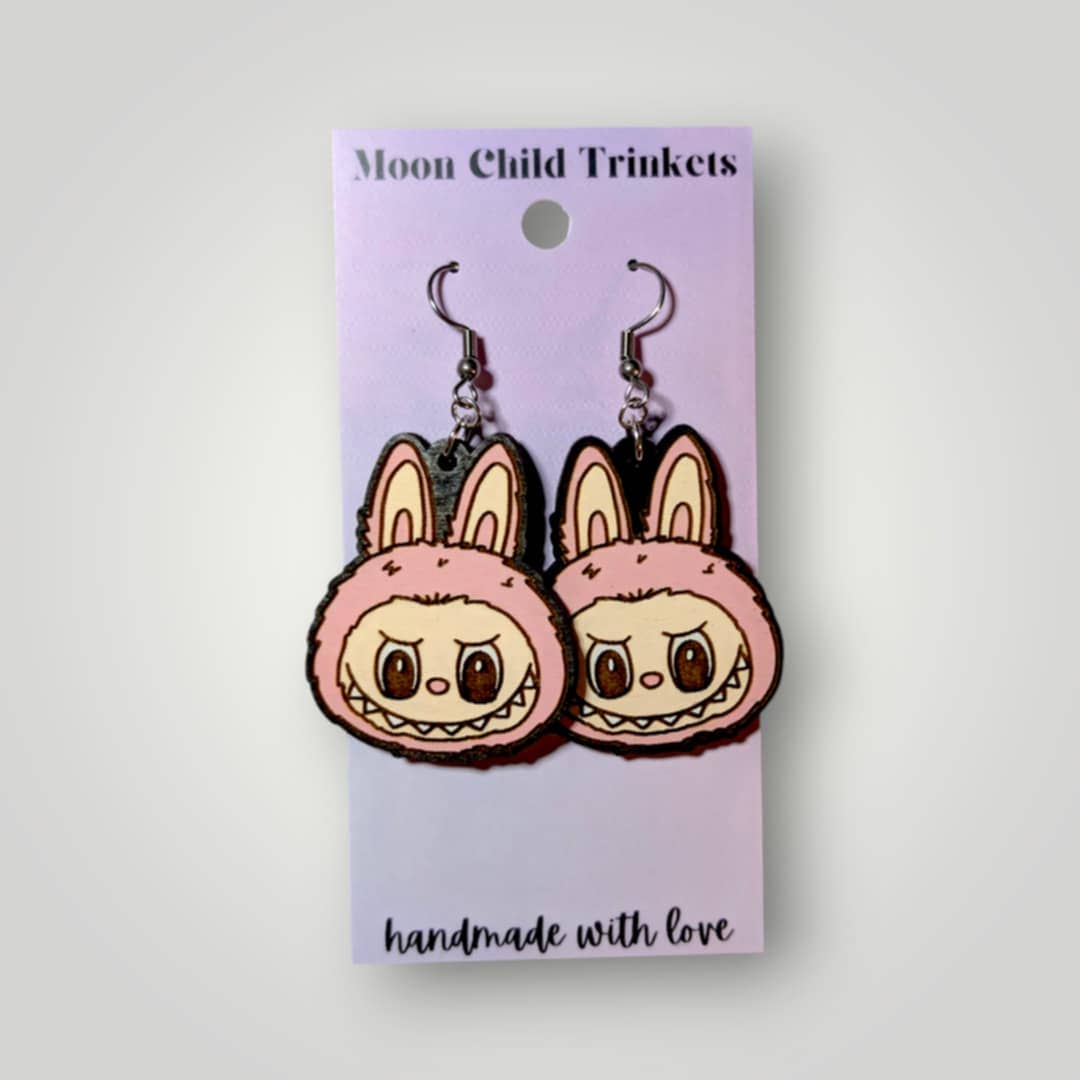 Labubu Monster Head Hand Painted Wood Earrings