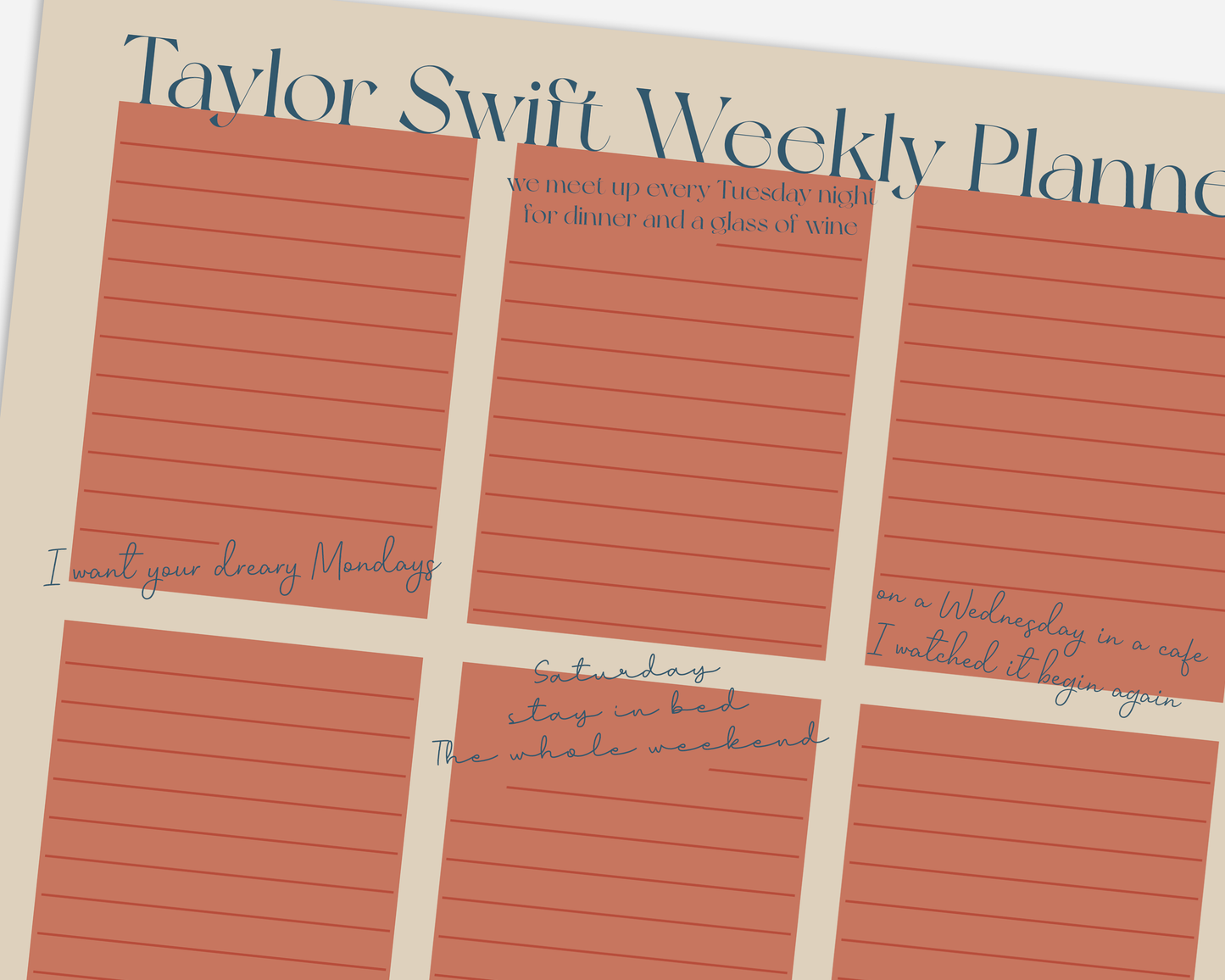 Taylor Swift Weekly Planner A4 Notepad - Lyrical