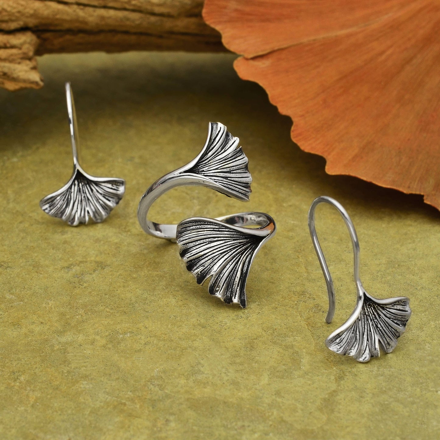 Sterling Silver or Bronze Adjustable Ginkgo Leaf Ring