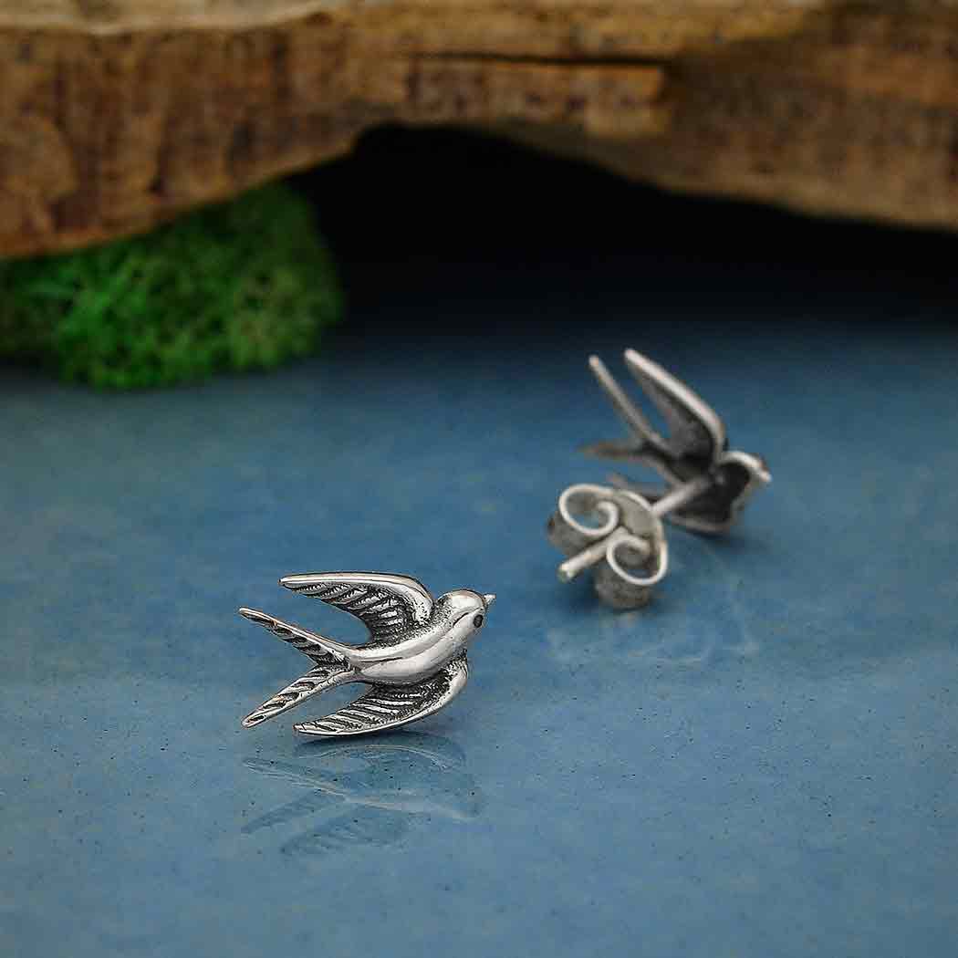 Sterling Silver or Bronze Swallow Post Earrings 9x11mm