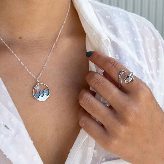 Sterling Silver Adjustable Wave and Crab Ring