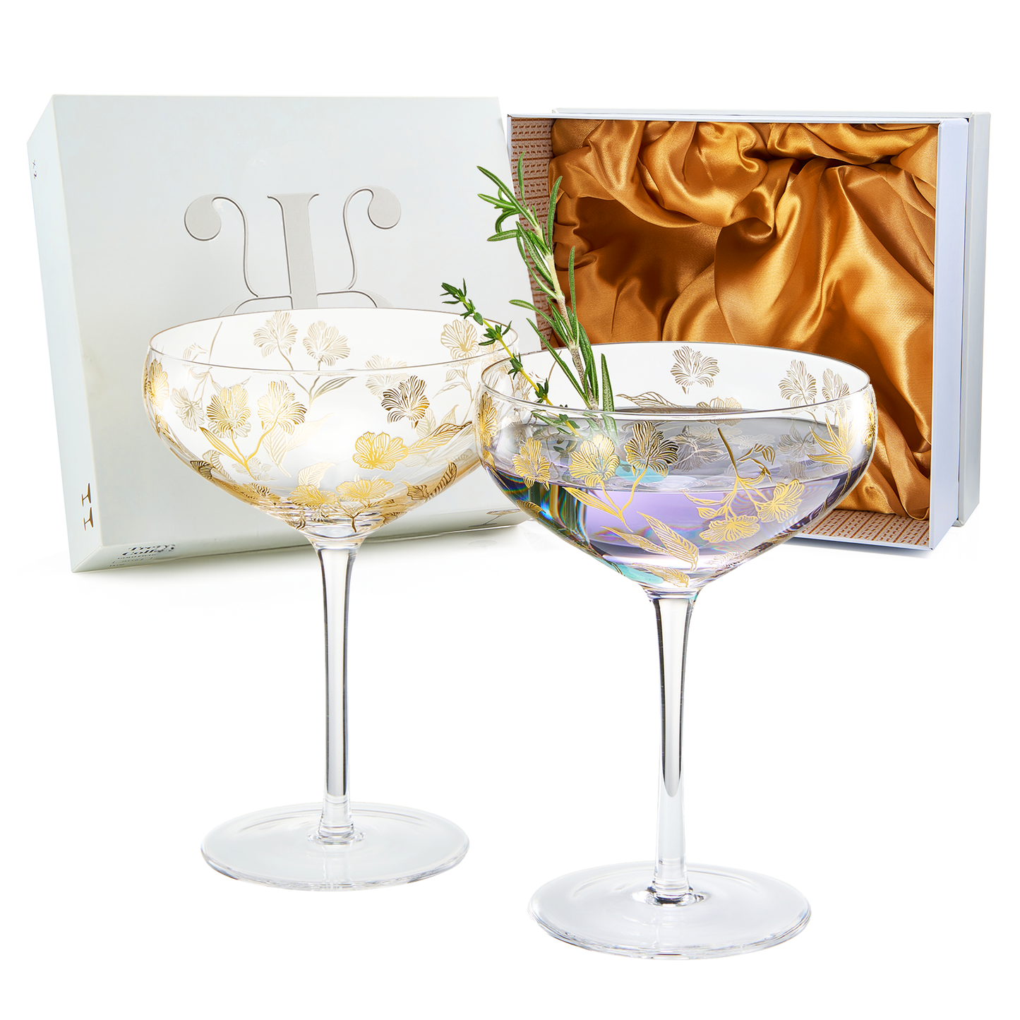 Khen Vintage Gold Floral Decal Champagne Coupe Set of 2 13oz