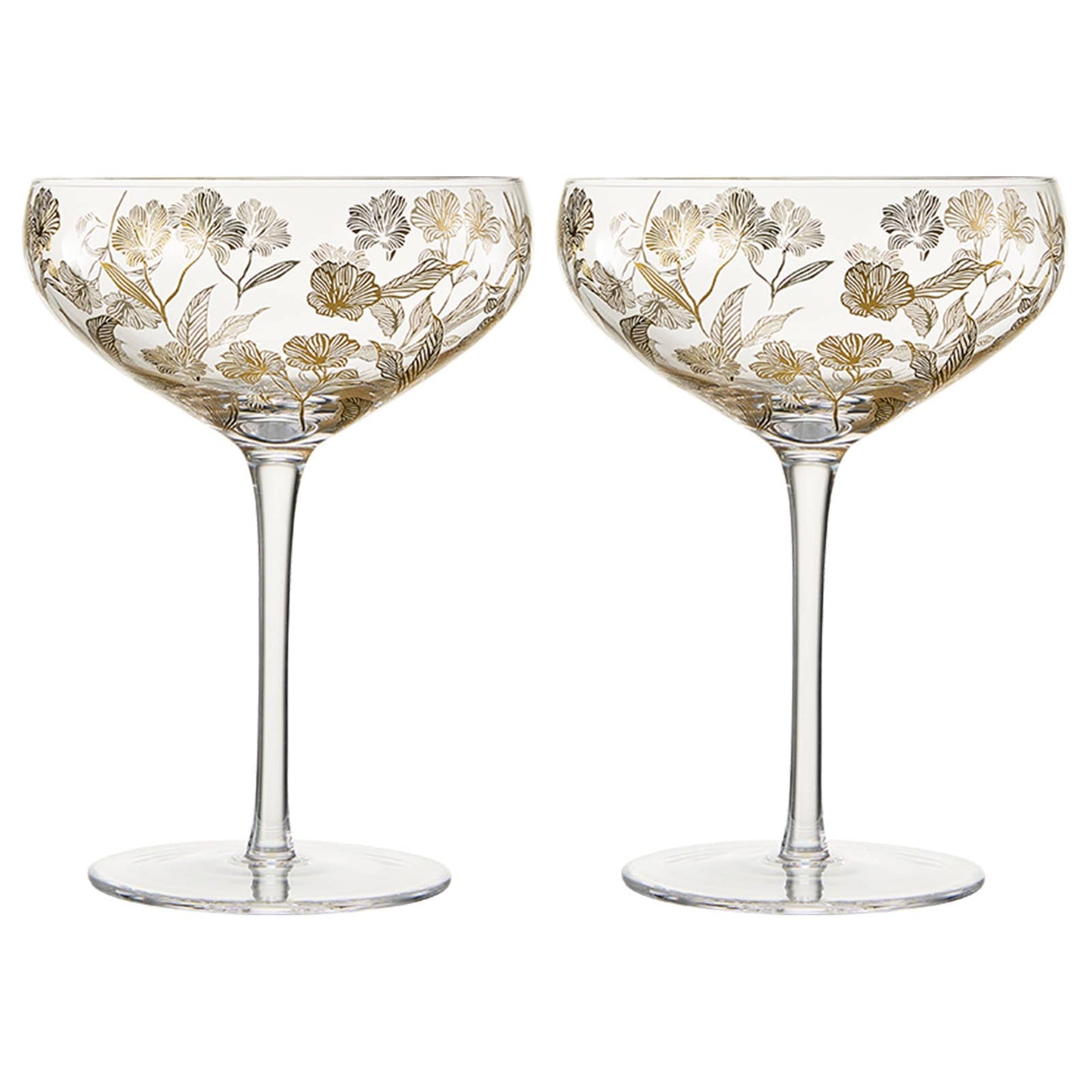 Khen Vintage Gold Floral Decal Champagne Coupe Set of 2 13oz