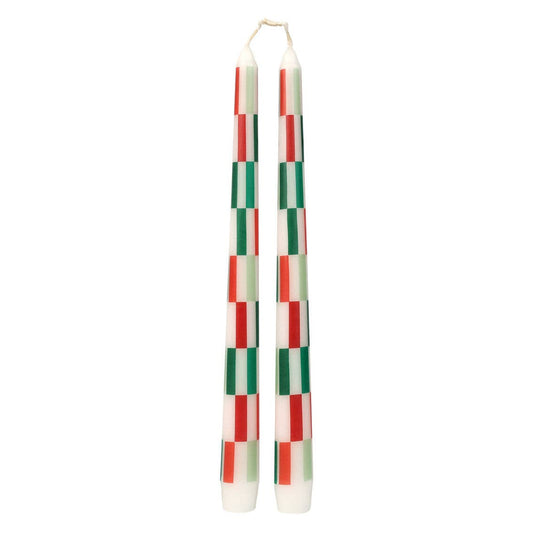 Red & Green Check Dinner Candles | 2 Pack |Christmas Decor |
