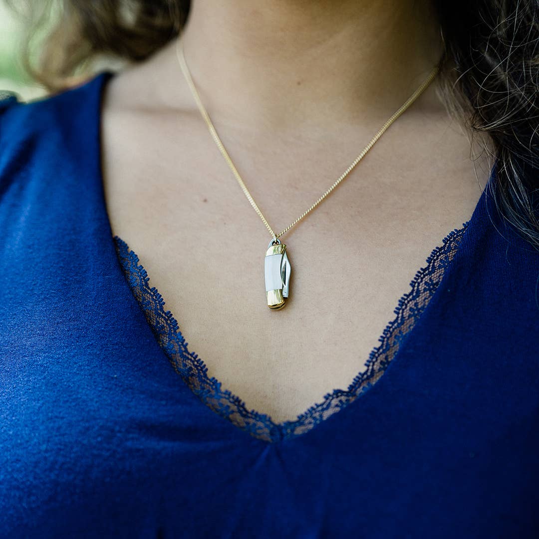 Tiny Pearl Handle Knife on Gold Chain Necklace