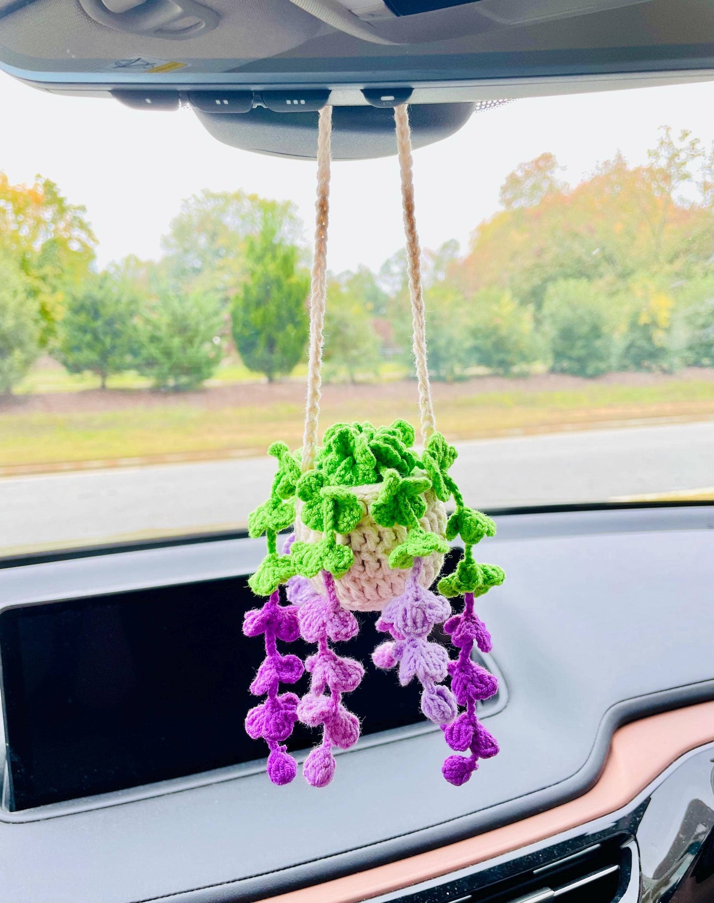 Crochet Flowers Car Hanging Plant, Rearview Mirror Decor