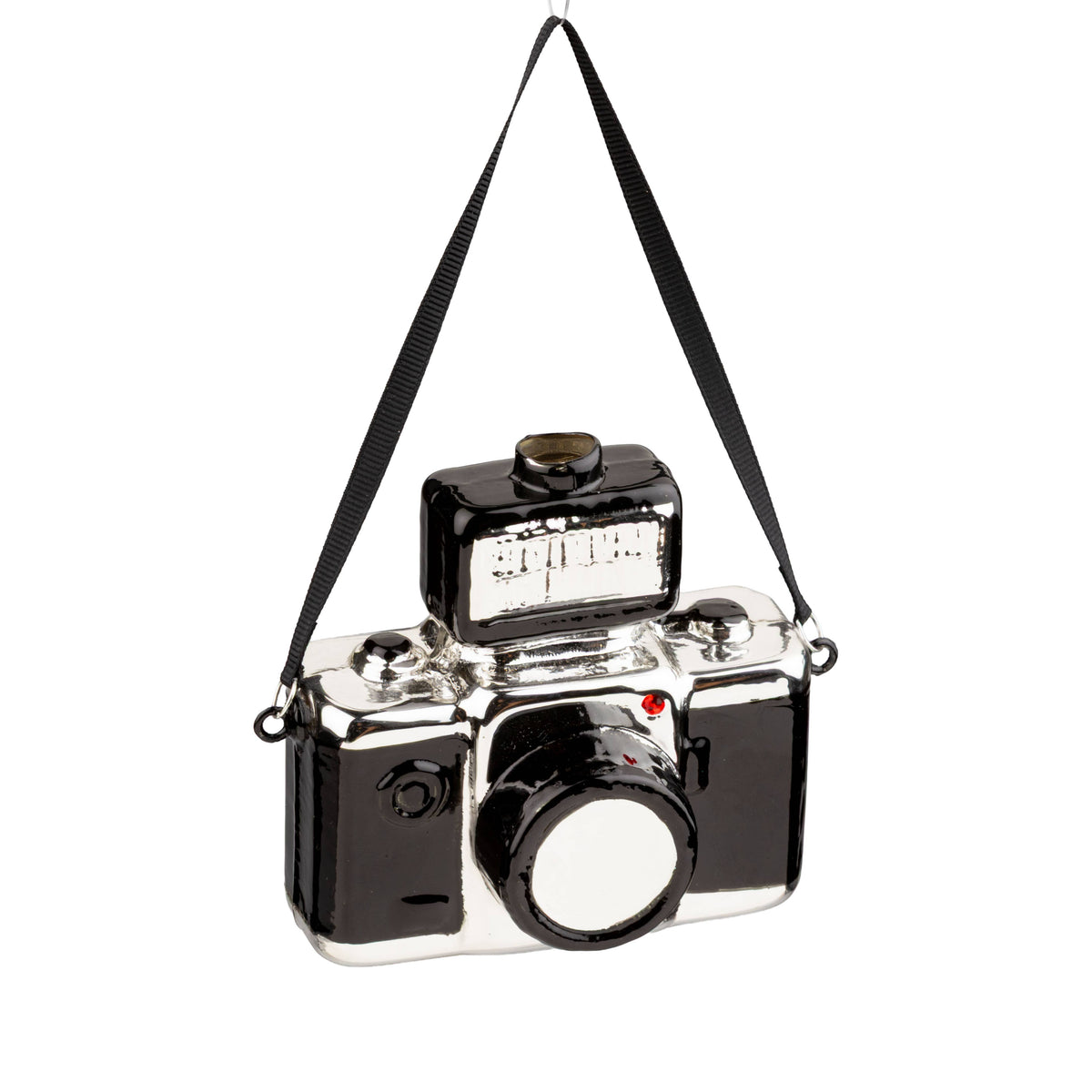 A14455:Glass vintage camera orn,black/silver, 3.5 in