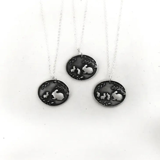 Bunny Family Charm Necklace - Silver Plated Chain