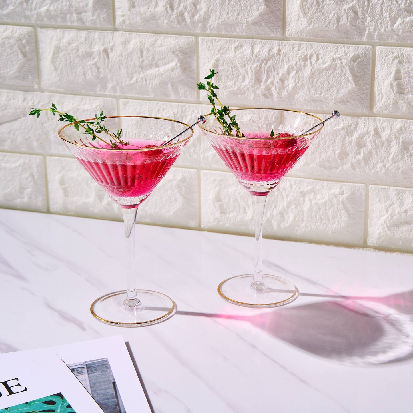 Gold Rim Colored Martini Glasses | Set of 2 | 8 OZ (PINK)