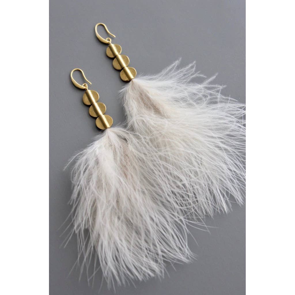YSME55 Blush feather and brass disc earrings