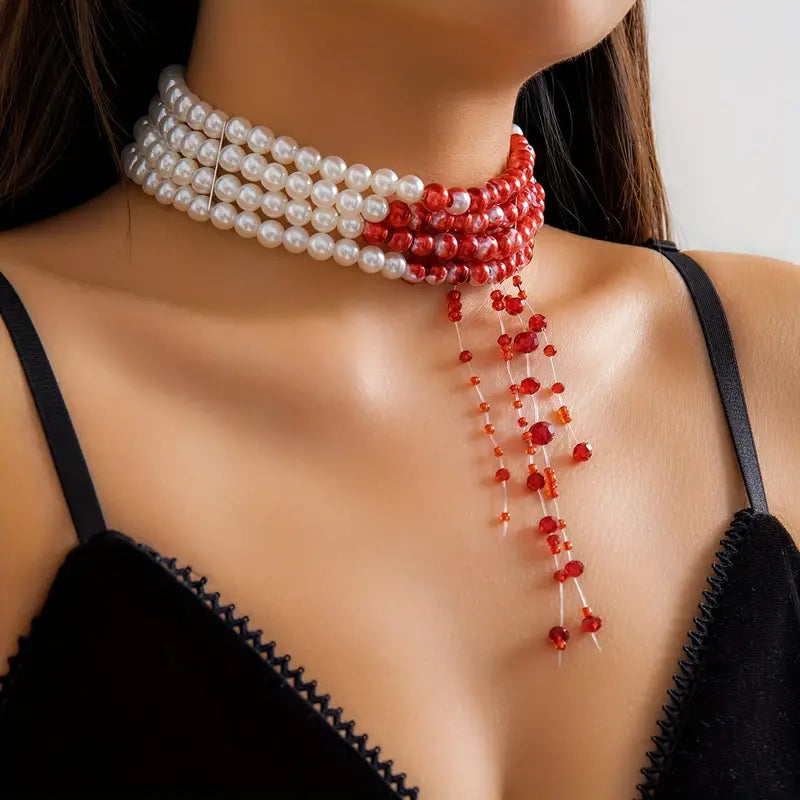 Gothic Chic Blood Drop Artificial Pearl Tassel Necklace