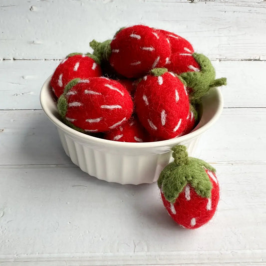 One Red Felt Strawberry With Forest Green Stem