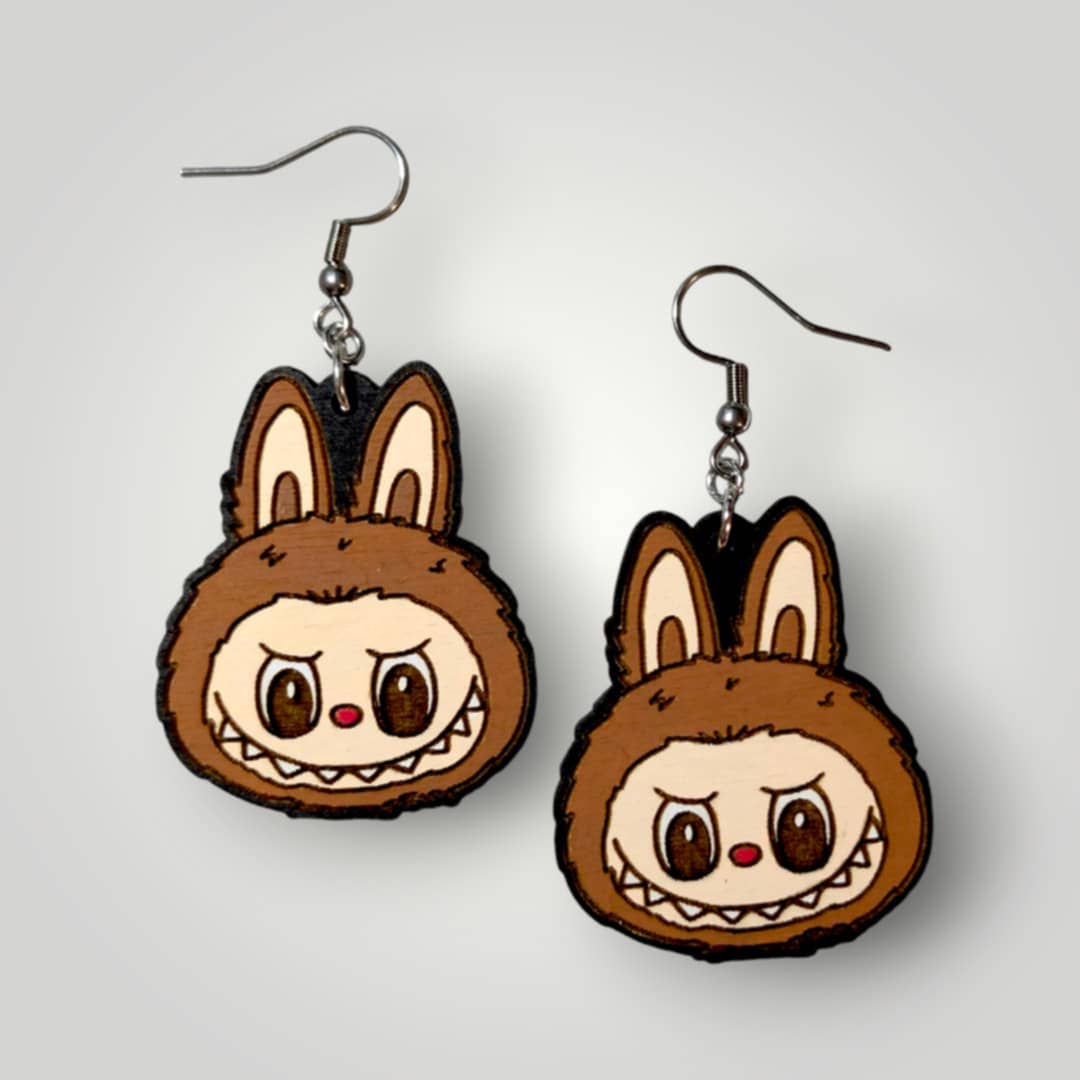 Labubu Monster Head Hand Painted Wood Earrings