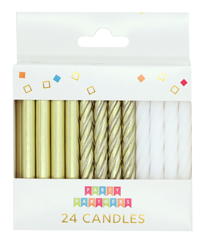 Gold Metallic & White 24 Candles Set