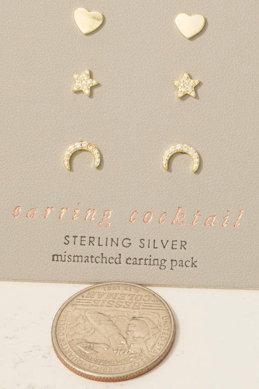 Sterling Silver Cz Pave Heart Star Moon Stud Earrings Set