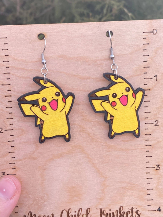 Pikachu Pokemon Hand Painted Wood Dangle Earrings