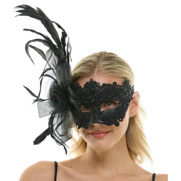 Black Lace Fascinator Mask With Feather