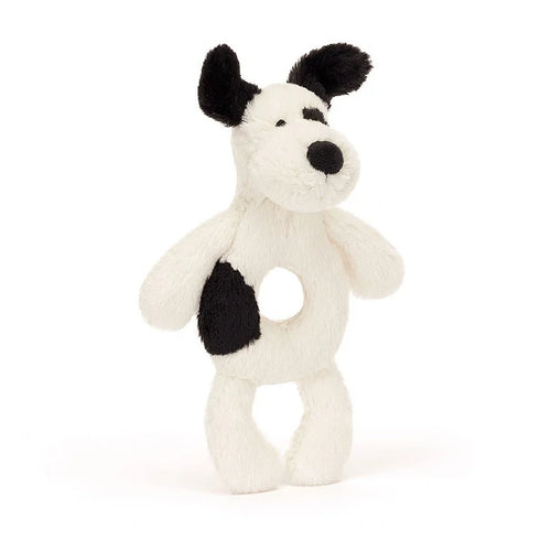 Jellycat Bashful Black & Cream Puppy Ring Rattle (Recycled Fibers) - Front & Company: Gift Store