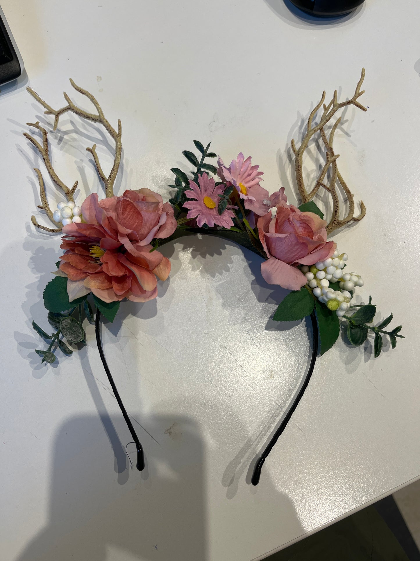 Artificial Flower Headband With Faux Pinecone And Butterfly Accents