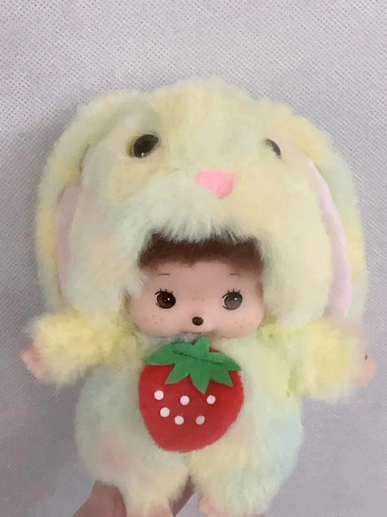 Monchhichi Brown Hair Bunny Light Green and Yellow Tie Dye with Strawberry