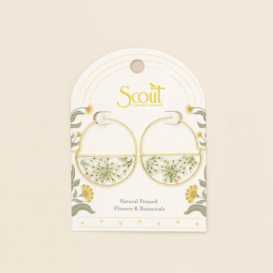 Pressed Flower Hoop Earring White Lace Flower/Gold