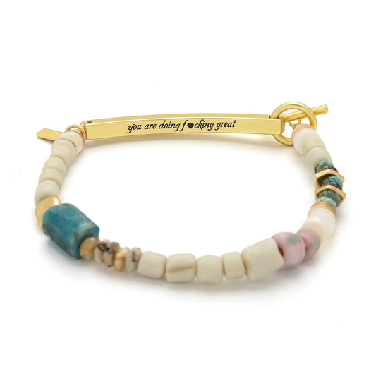 Hidden Message Bracelet - Blue Apatite/Gold Stone Of Inspiration "Doing Fucking Great"