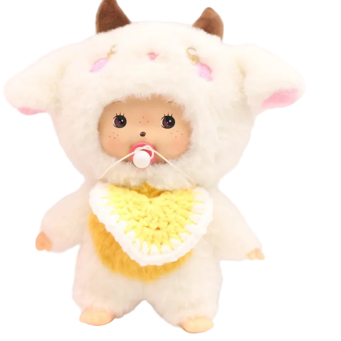 Monchhichi White Cinnamonroll with Brown Horn, Yellow Crochet Bib